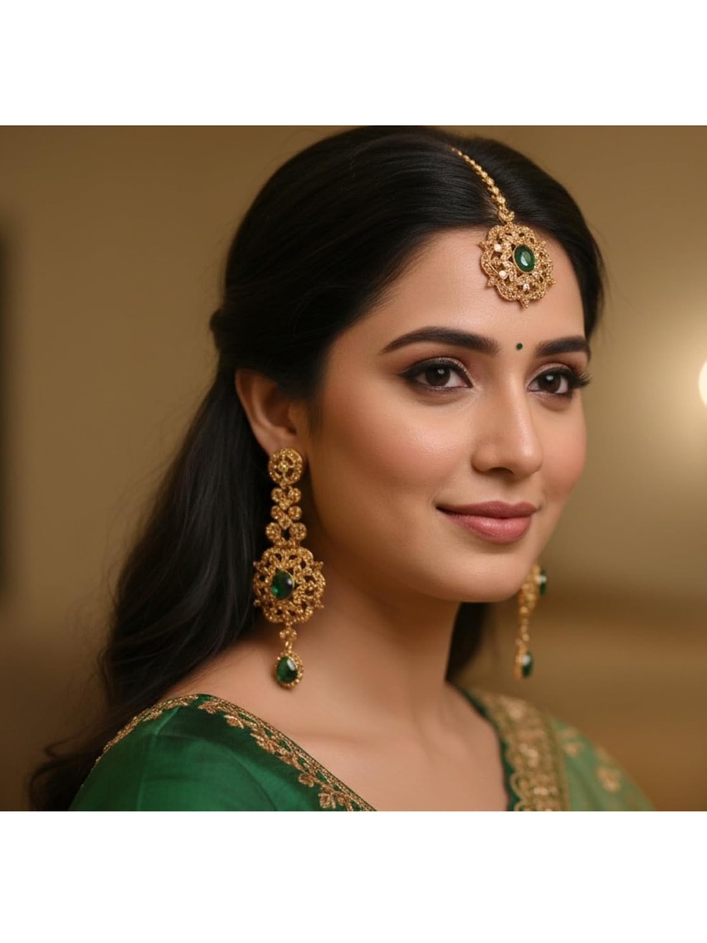 Gold-Tone Green Stone Bridal Maang Tikka and Earrings Set plus bangles